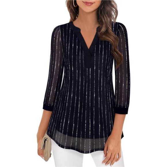 Women's 3/4 Sleeve Blouses - Casual V-Neck Double Layer Mesh Tunic Tops - Picture 2 of 6